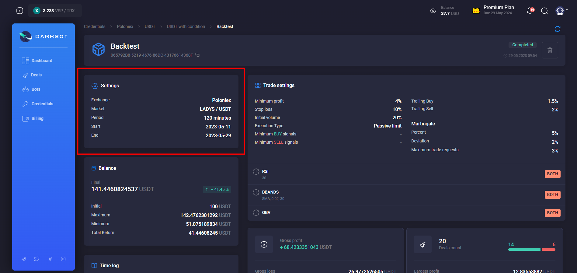 Backtest settings widget