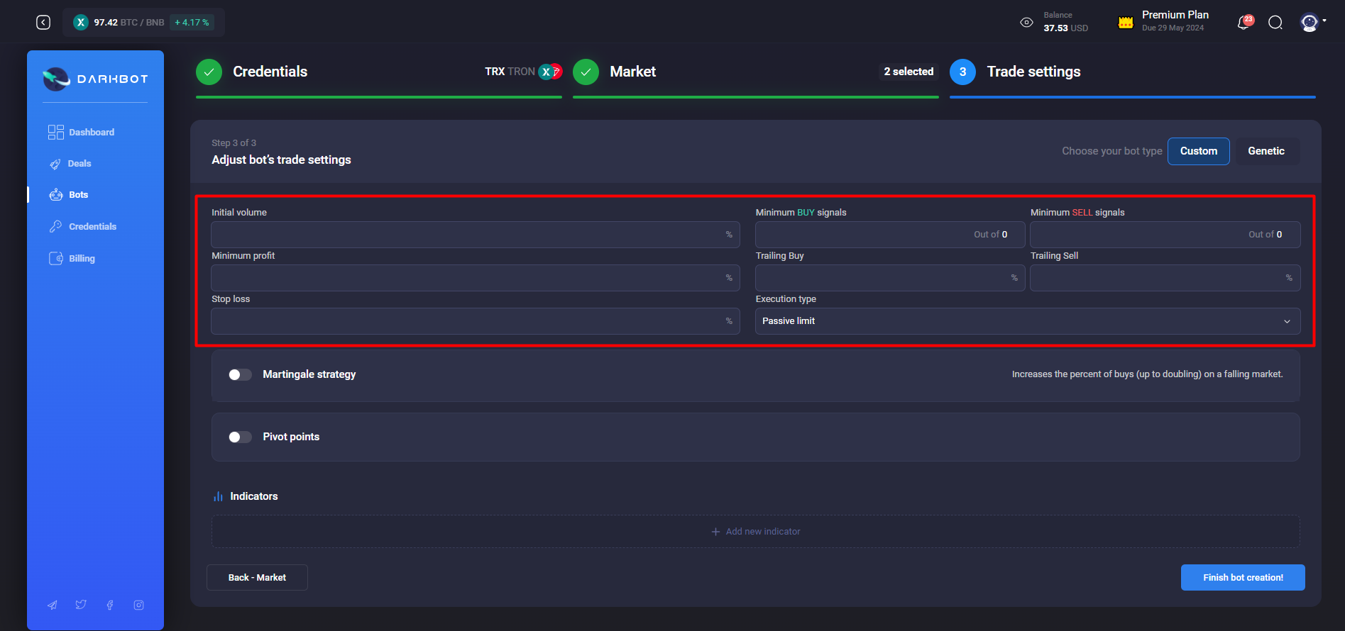 Trade settings block