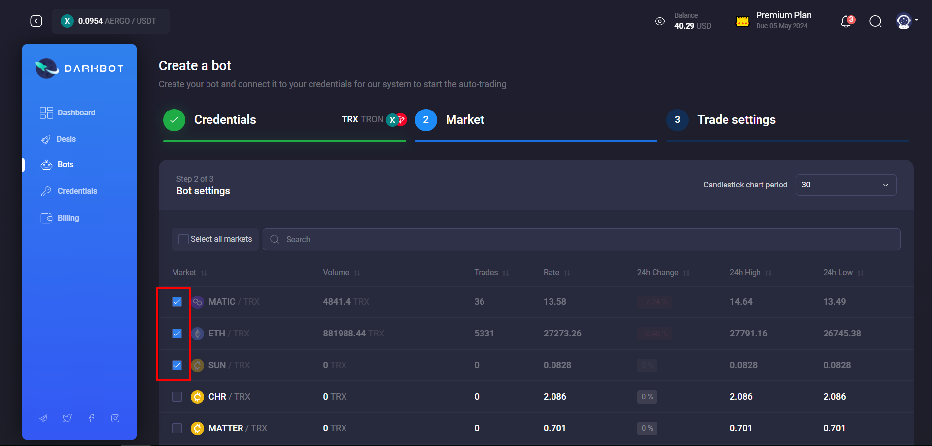 Select markets from the table