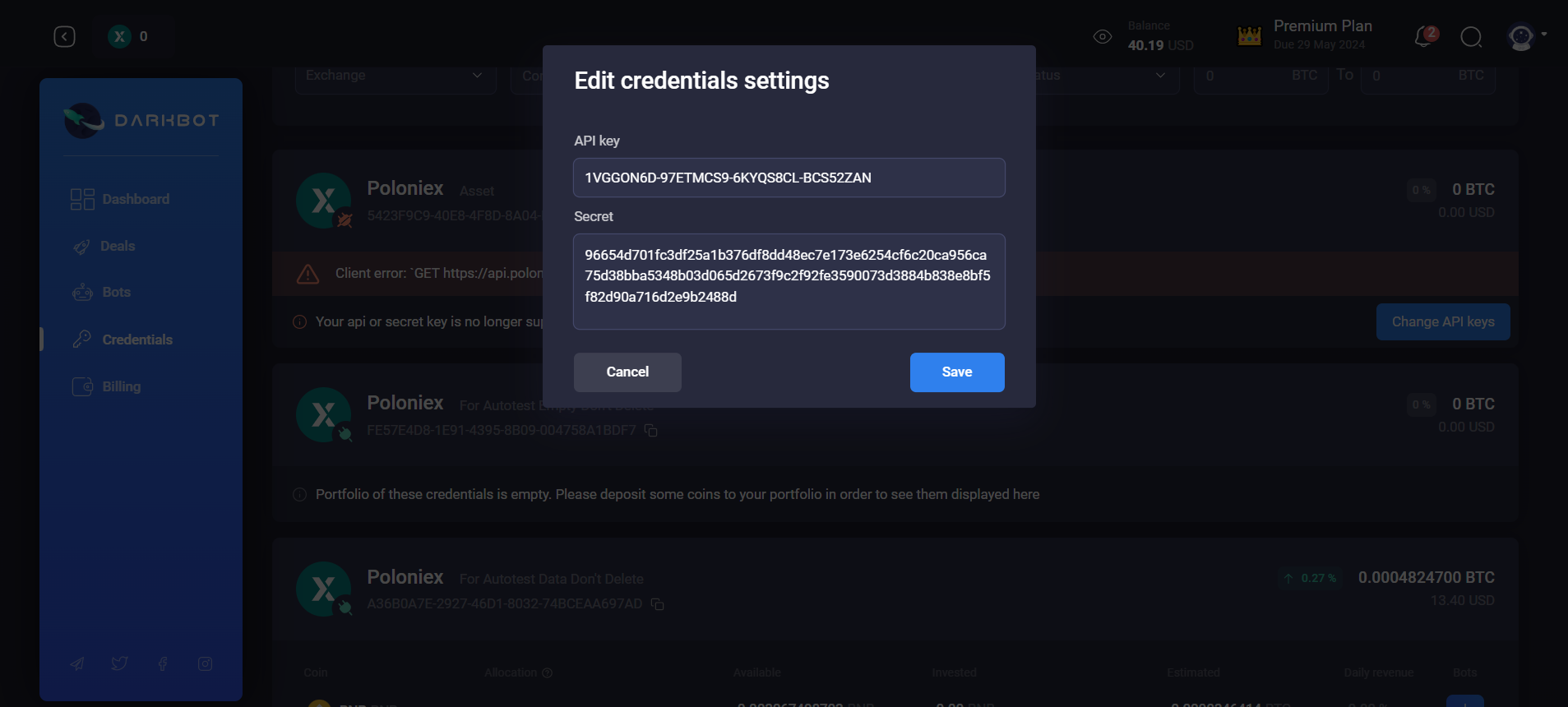 Edit credentials settings