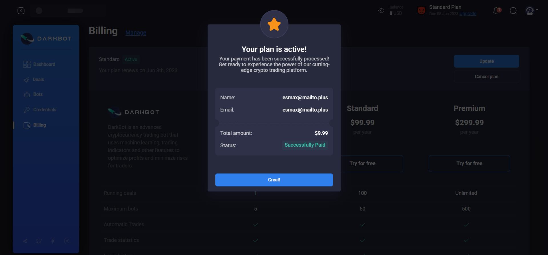 Successfull payment popup